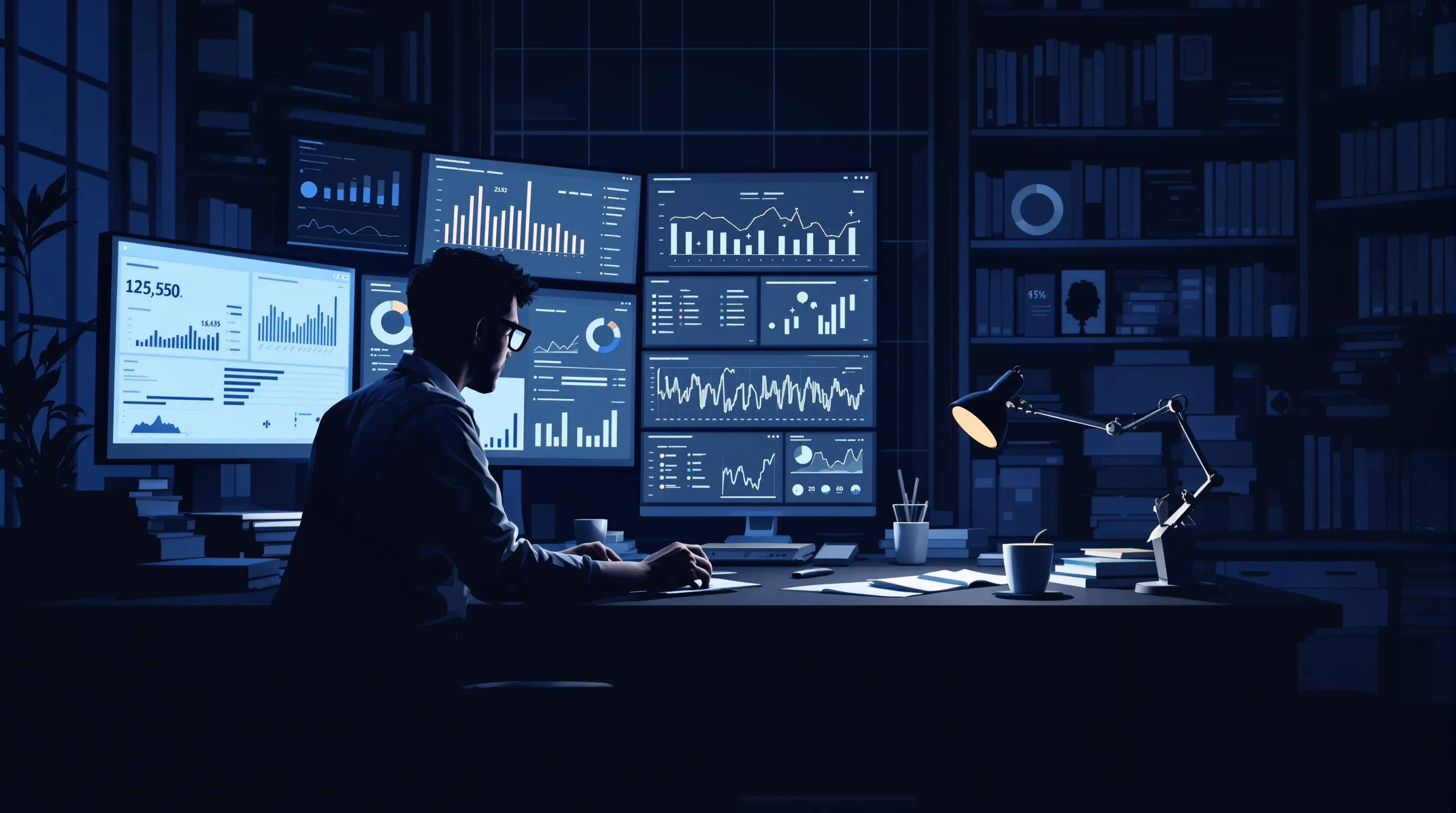 Marketing analyst reviewing AI citation frequency dashboards and entity optimization data across multiple monitors in a dim editorial workspace.
