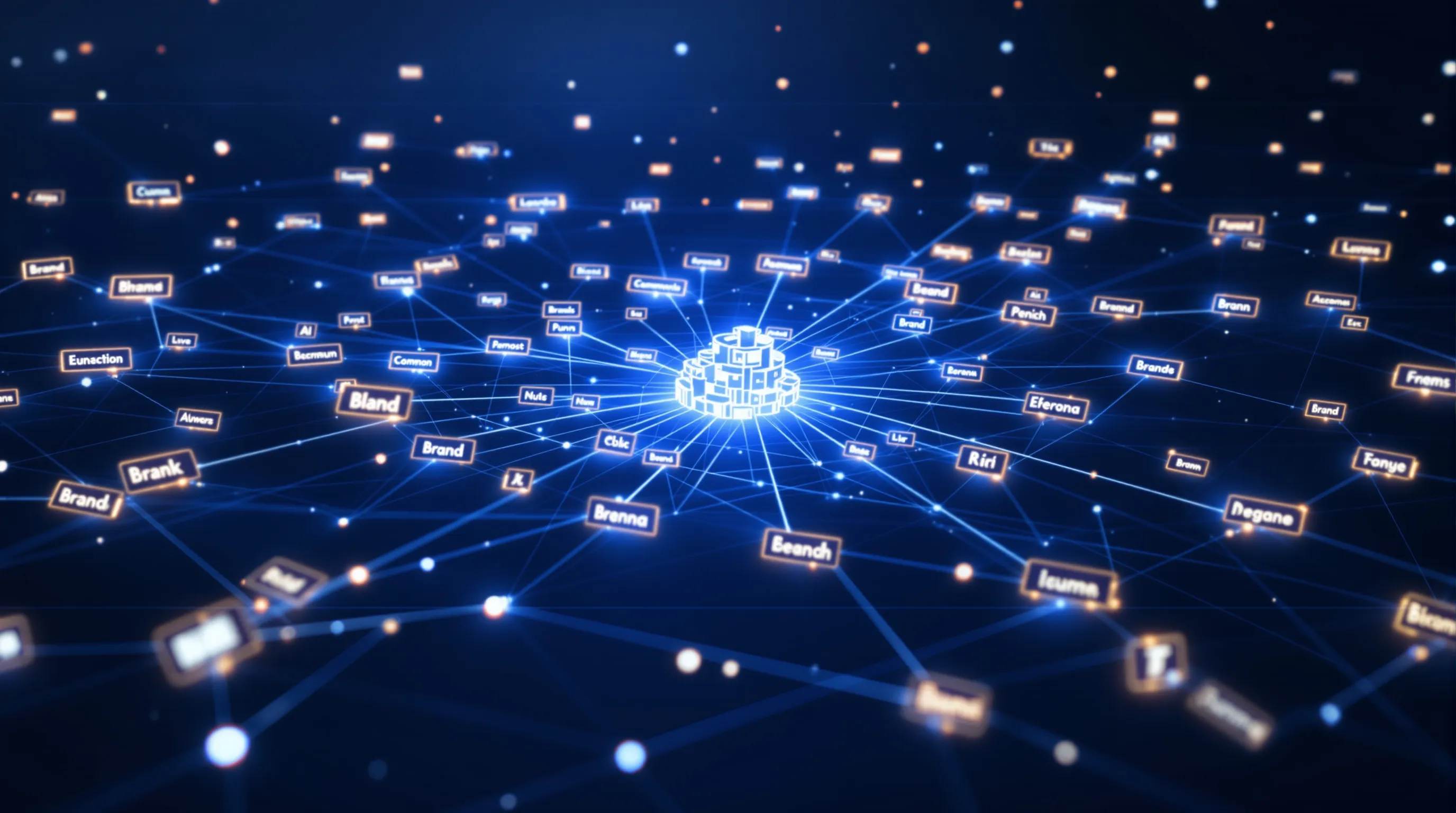 Holographic network diagram showing a small cluster of illuminated brand entity nodes connected by citation pathways in a dark digital space, with many dimmer nodes disconnected.