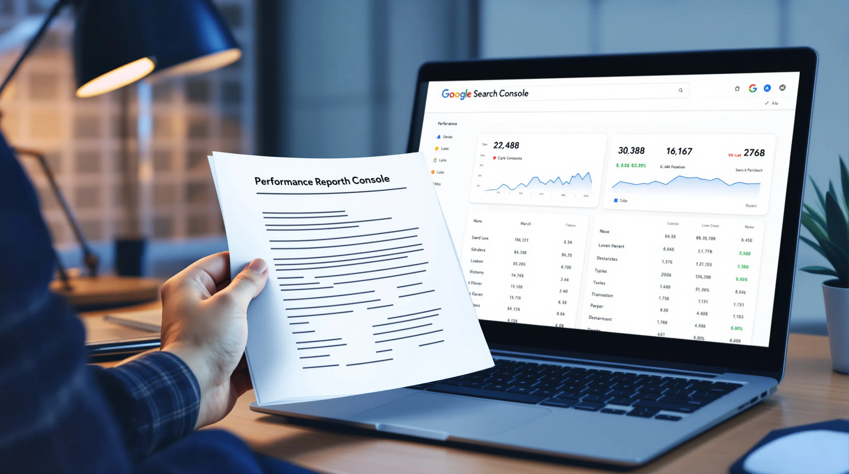 Person comparing a printed agency performance report to live Google Search Console data on a laptop screen