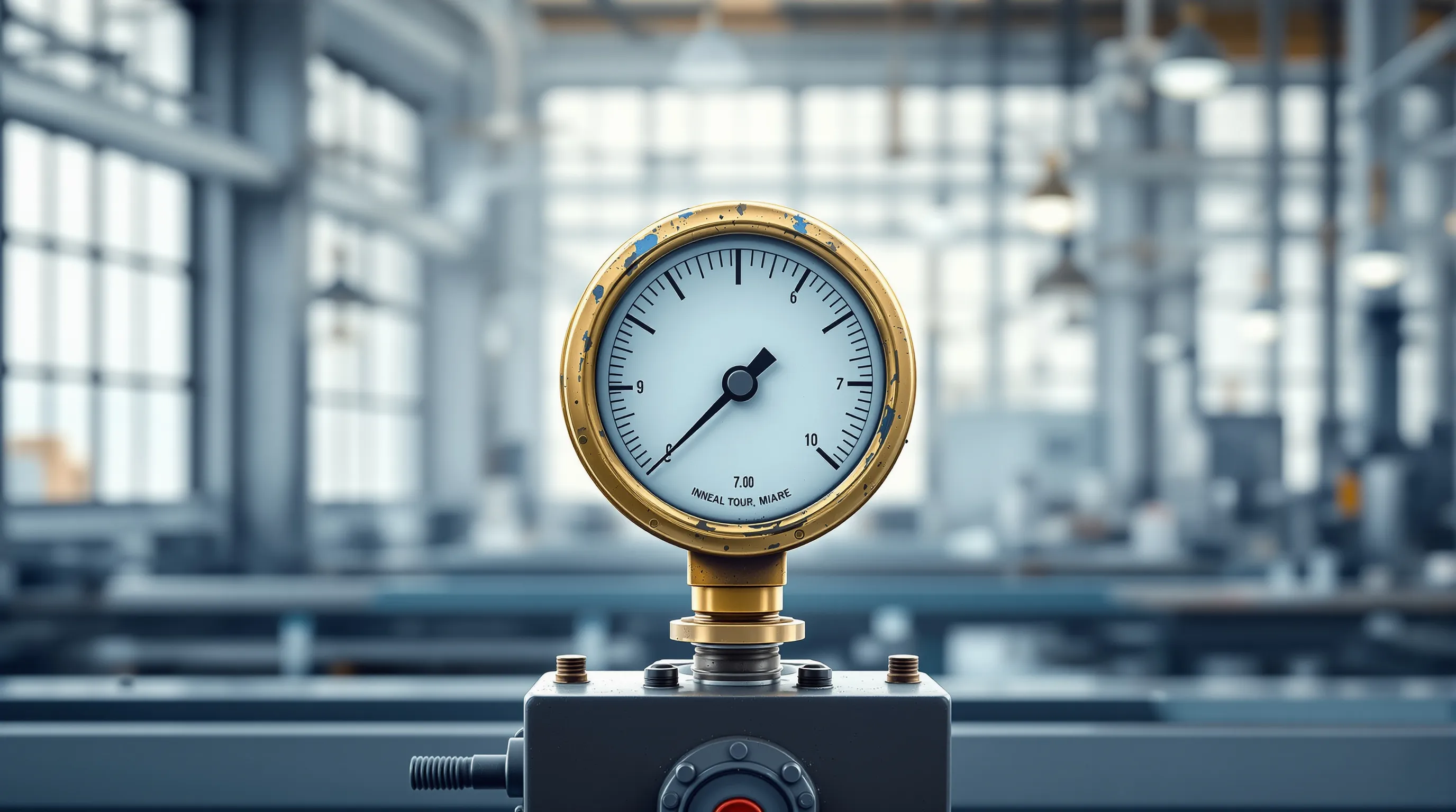 Brass gauge on a factory assembly line with its needle resting low, lit by gray window light