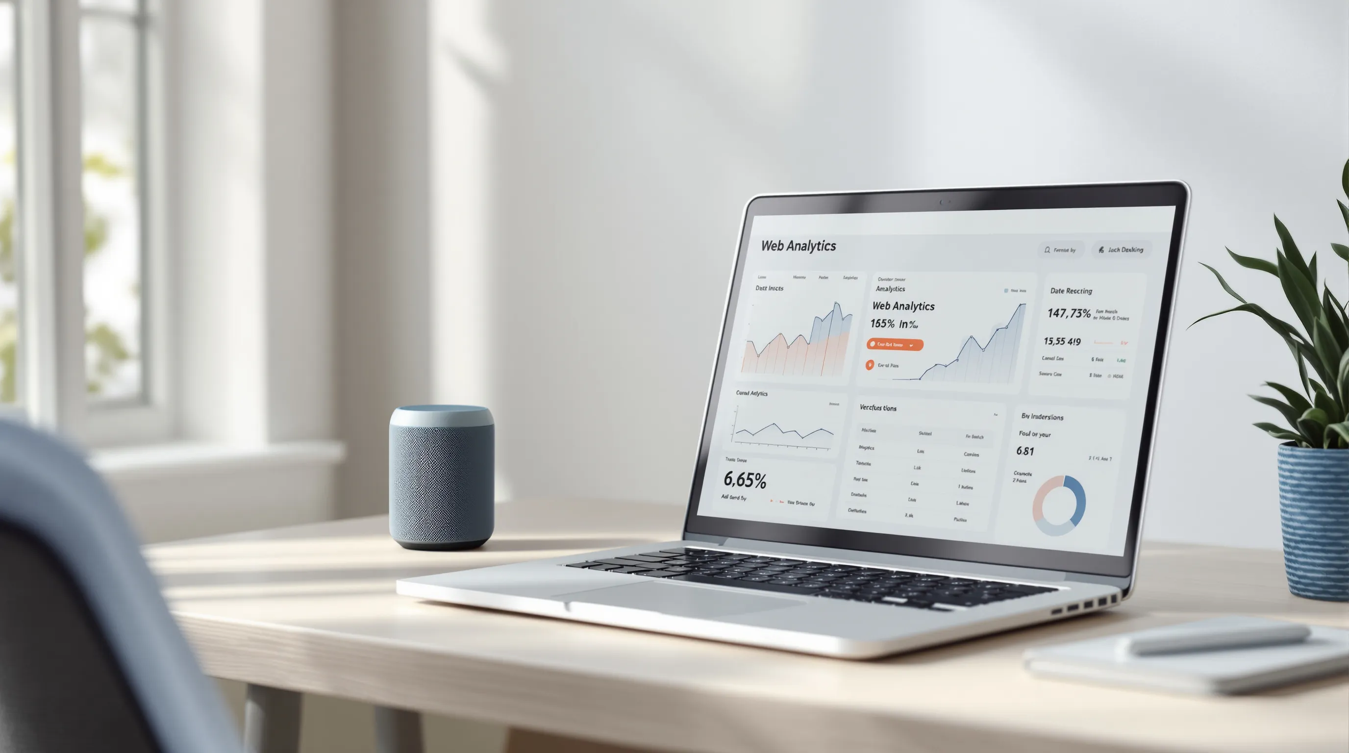 Analytics dashboard showing AI citation metrics beside a smart speaker on a desk