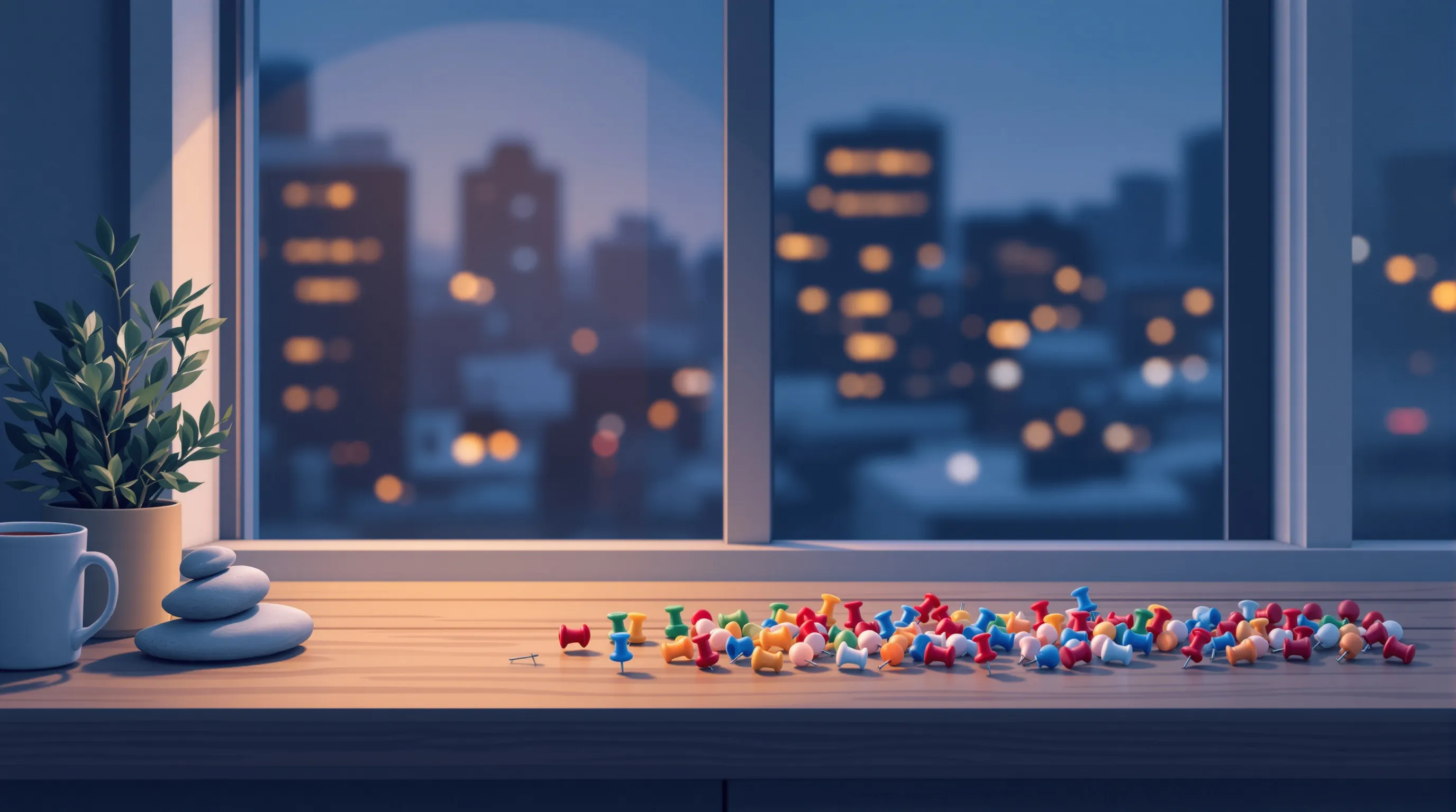 Editorial photograph of a quiet wooden desk by a tall window at dusk, a small stack of smooth river stones and a ceramic mug of tea resting beside a row of many different colored pushpins arranged in a loose scattered