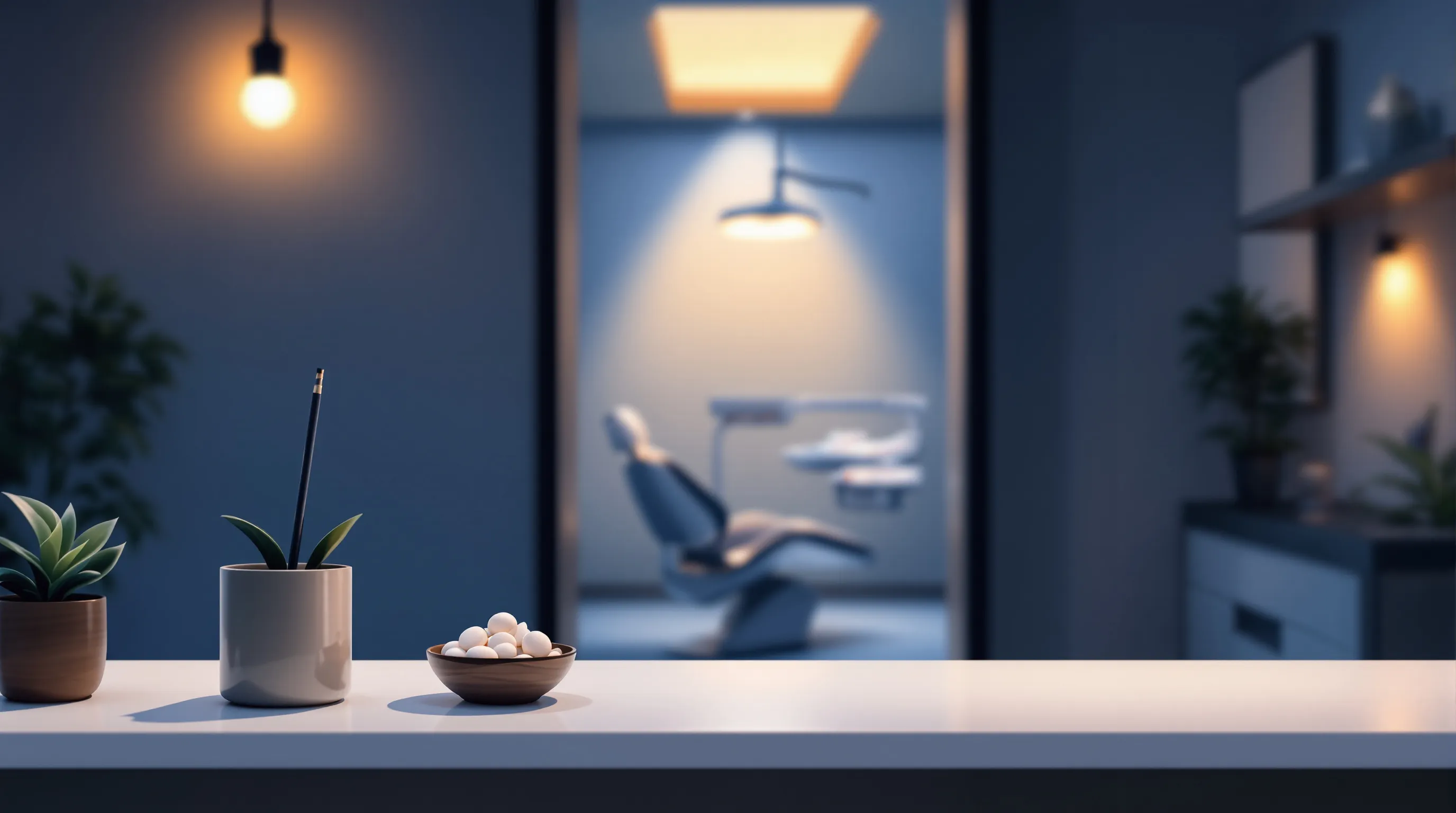 An unattended dental reception counter at dusk, lit by a single warm lamp, with a sleek dental practice front desk in soft focus. A small bowl of wrapped mints and a potted orchid sit beside a polished wooden pen cup