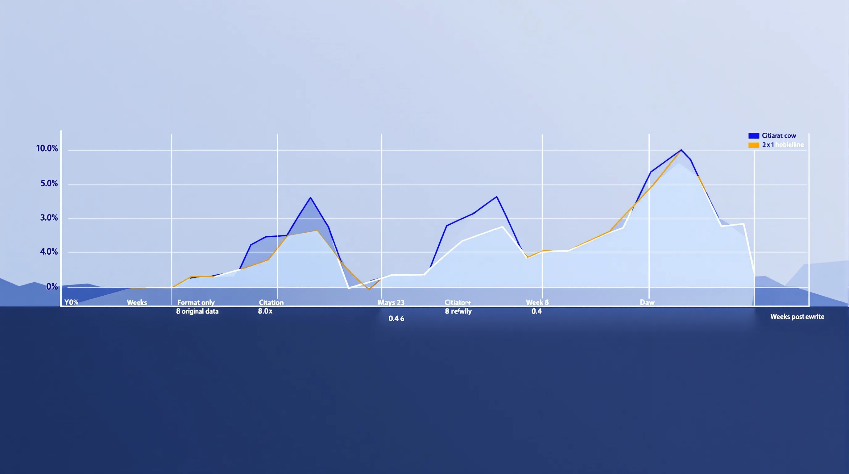 Timeline diagram showing citation gain trajectory: format-only pages remain flat at baseline over 6 weeks, while format-plus-data pages show first citation appearing at 23 days and reaching 3.4x baseline by week 6