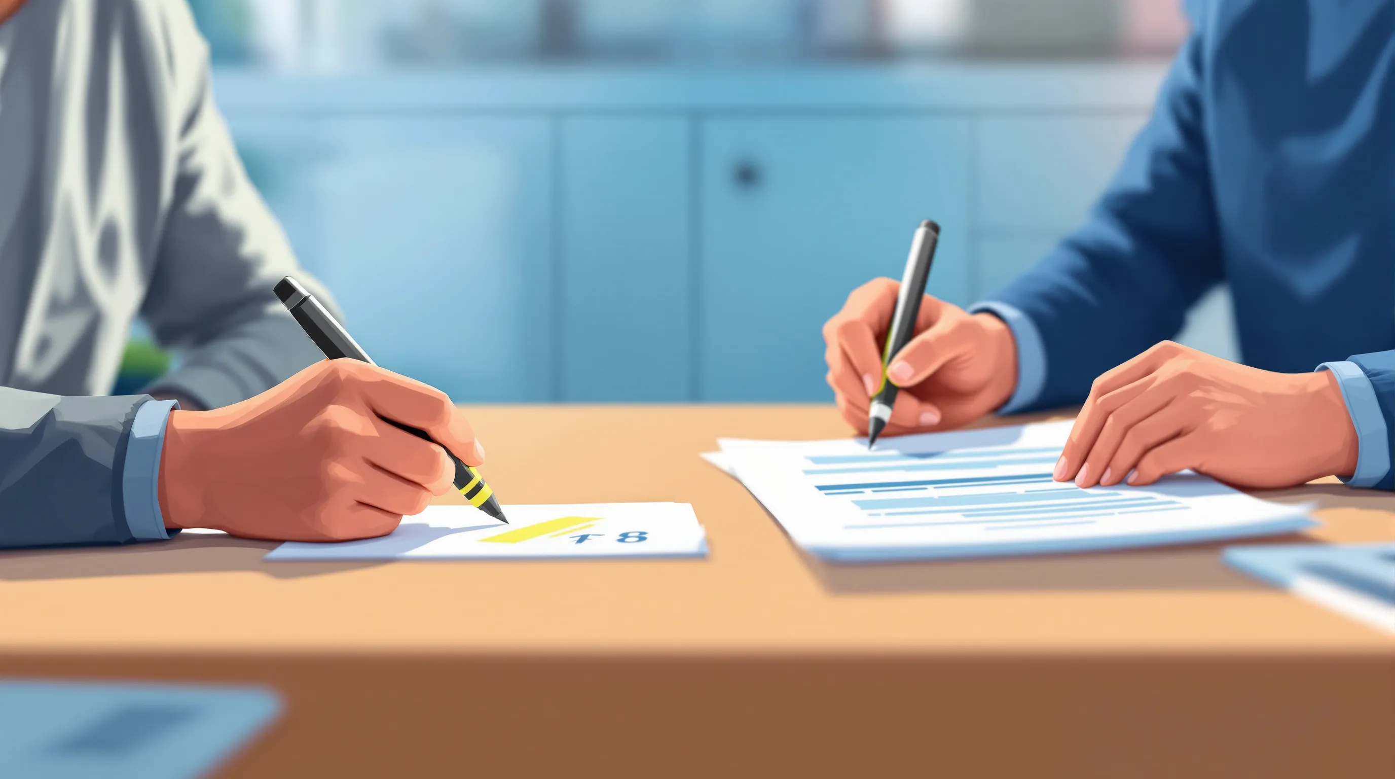 Two reviewers tracing a figure in a printed draft back to its source document and signing off