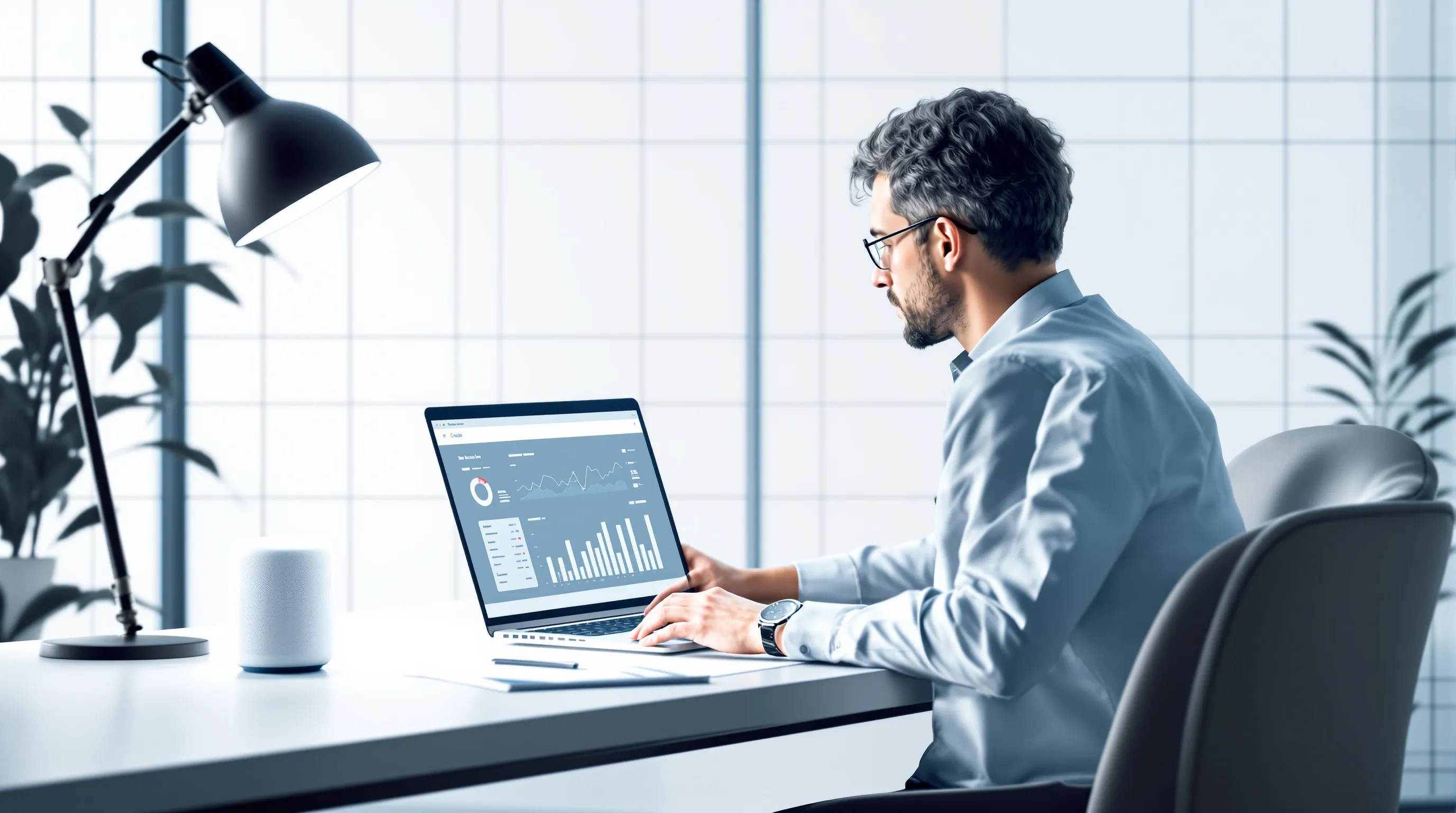 Content strategist reviewing AI citation analytics next to a smart speaker at a minimalist desk