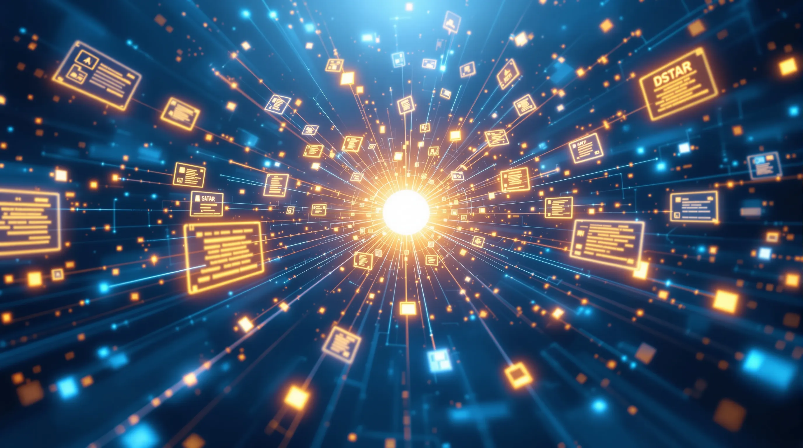 AI search engine retrieval process: glowing source documents converging toward a central decision point in a dark digital space