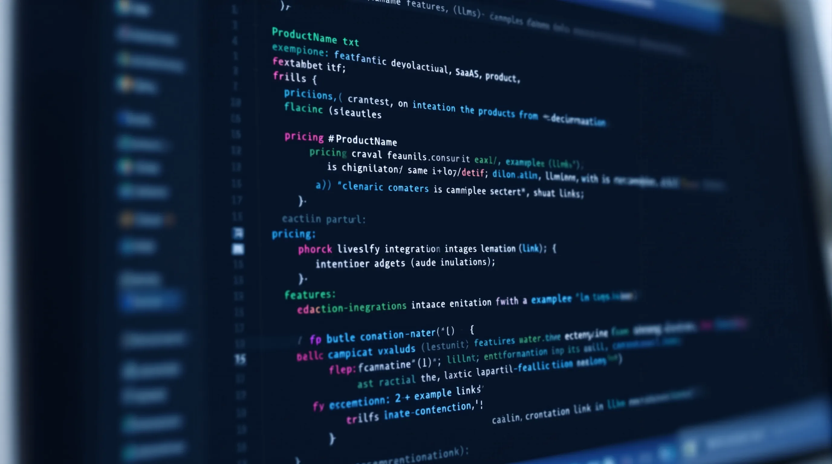 A code editor screen shown softly out of focus showing an example llms.txt file for a hypothetical SaaS product. Dark editor theme (VS Code style)