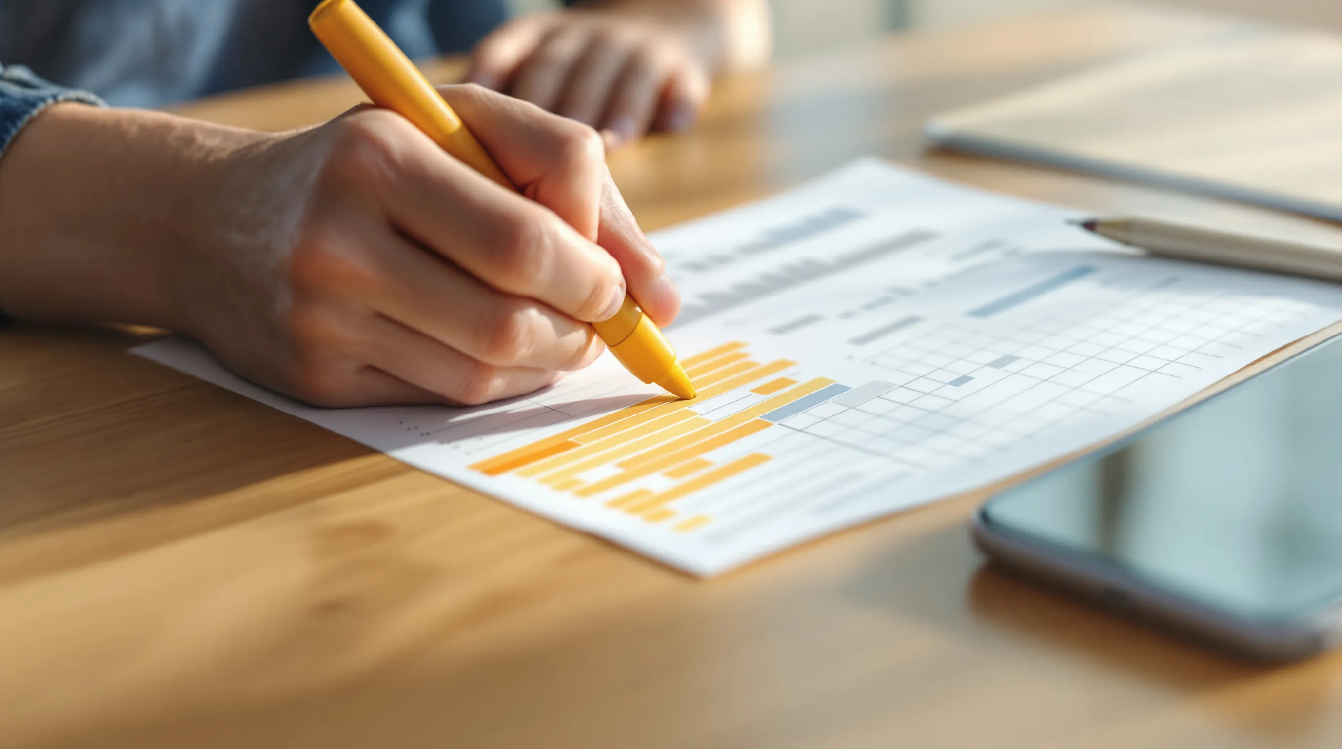 Hand highlighting rows on a printed log of buyer questions and cited pages next to a phone showing an AI answer