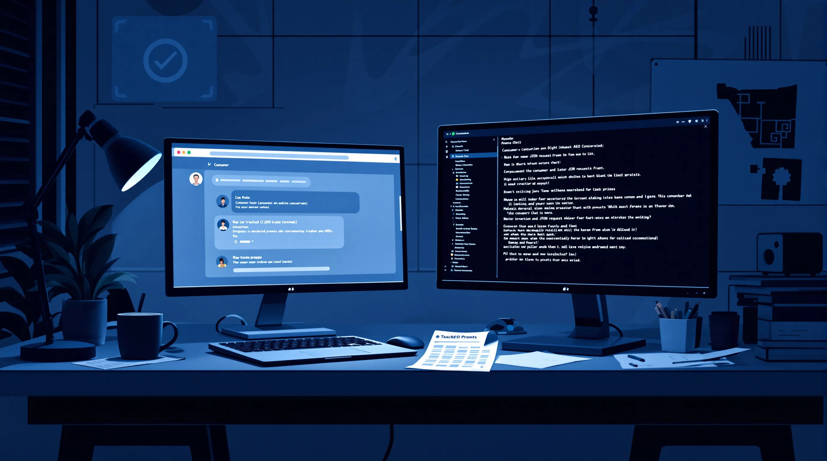 Laptop with a chat app open beside a monitor showing raw API output, with a printed prompt tracking sheet between them
