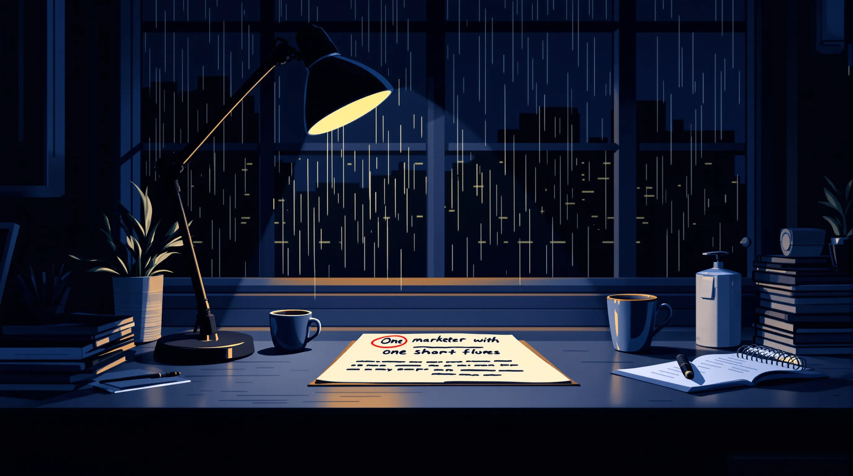 A printed draft under a desk lamp at night, its opening paragraph circled and the rest covered in handwritten notes
