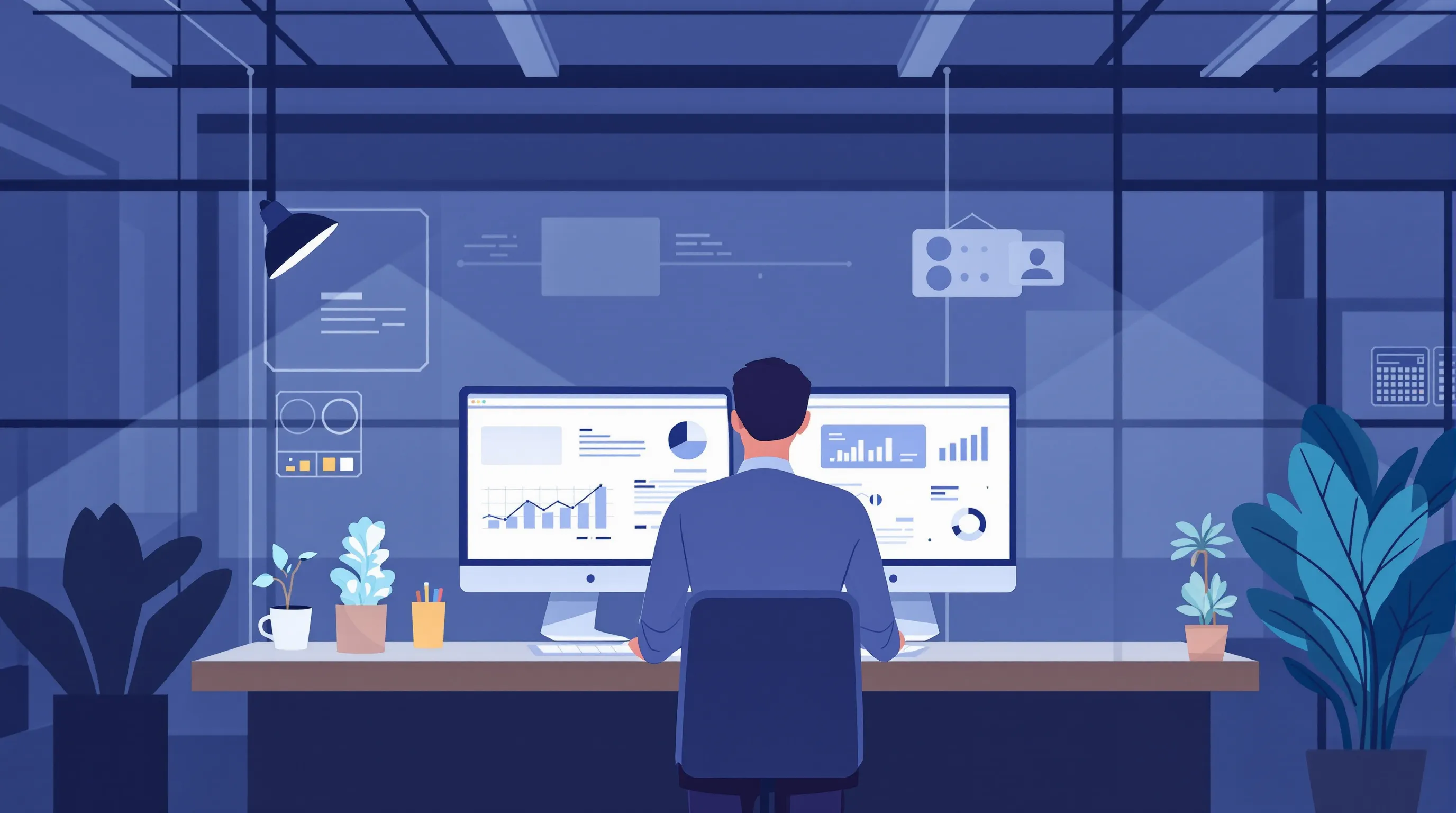Marketing analyst reviewing ChatGPT citation tracking dashboard and GA4 analytics on dual monitors in a modern office