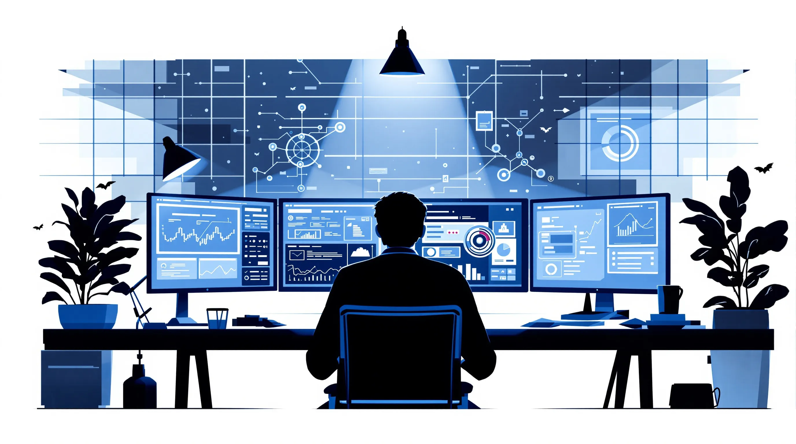 Analyst workstation at night showing multiple screens with AI search visibility dashboards and citation network graphs
