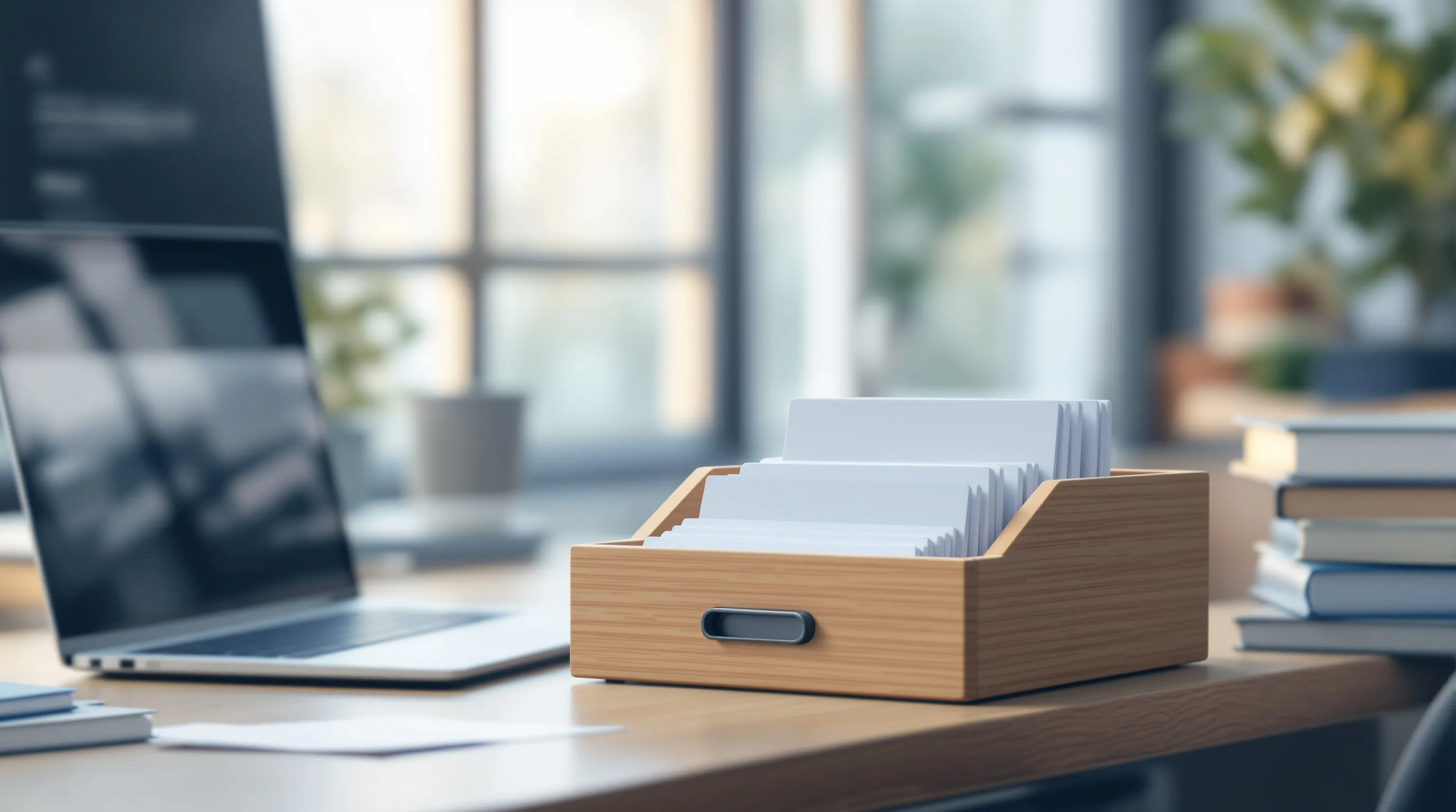 Open card-catalog drawer of blank index cards next to a laptop and a closed encyclopedia on an office desk