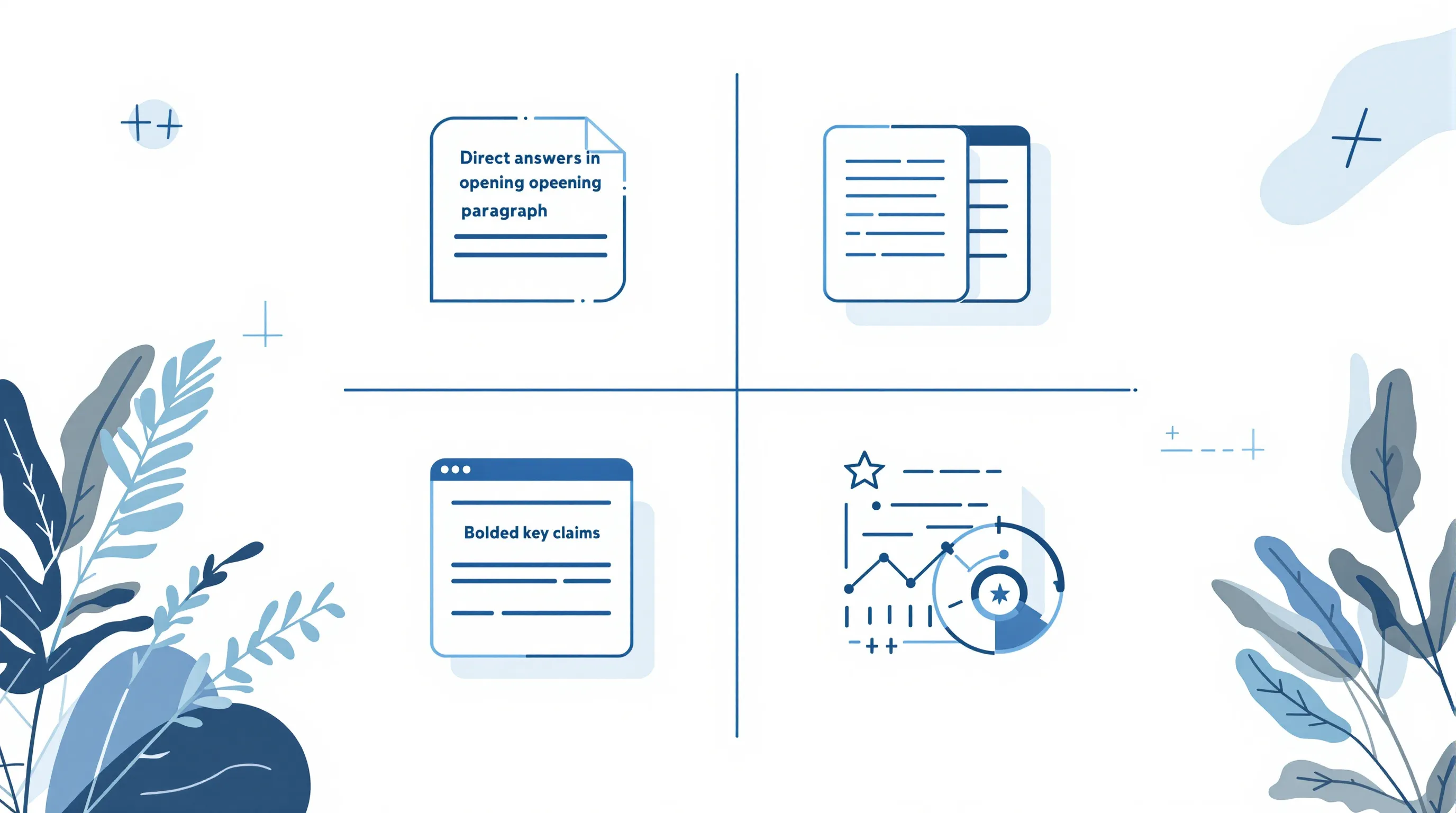 Visual breakdown of content structural features correlated with AI Overview citation: direct opening answers, comparison tables with headers, bolded key claims, original data points