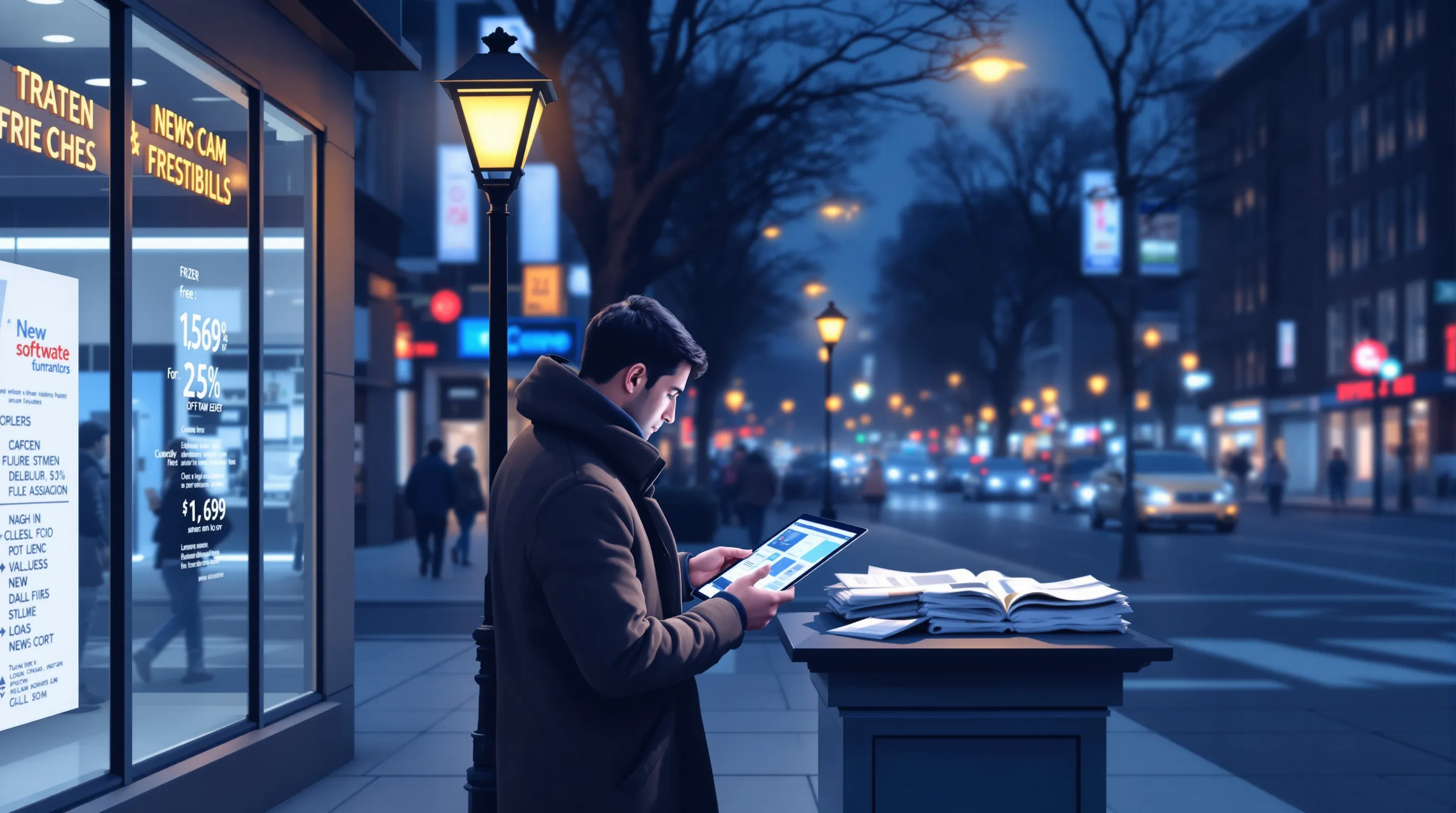A software buyer pauses on a city sidewalk at dusk, reading a laptop screen under a streetlamp while blurred storefront signs glow behind them