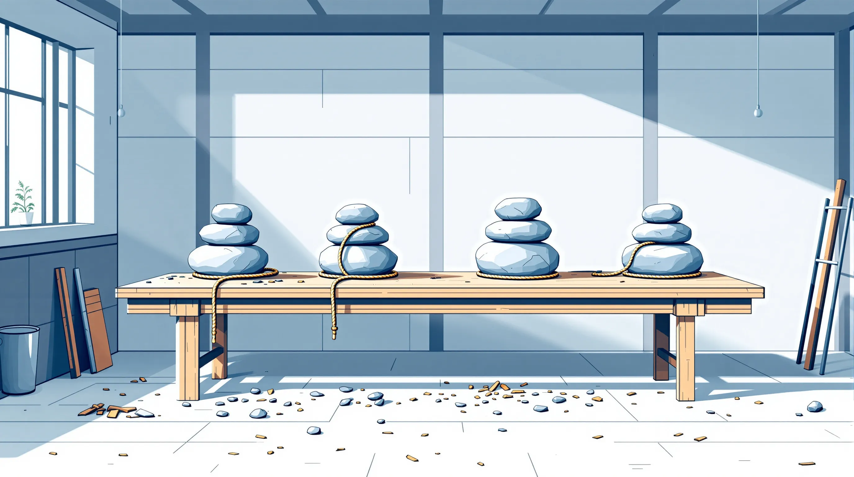 A long wooden workbench in a quiet office, with four separate stacks of heavy stone blocks set in a row, each linked to the next by a single tangled rope