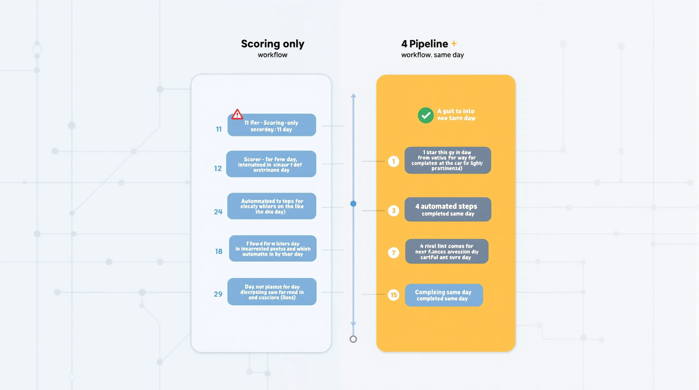 Two workflow timelines side by side: scoring-only workflow taking 11 days with multiple manual steps, versus an integrated pipeline completing the same cycle in one day