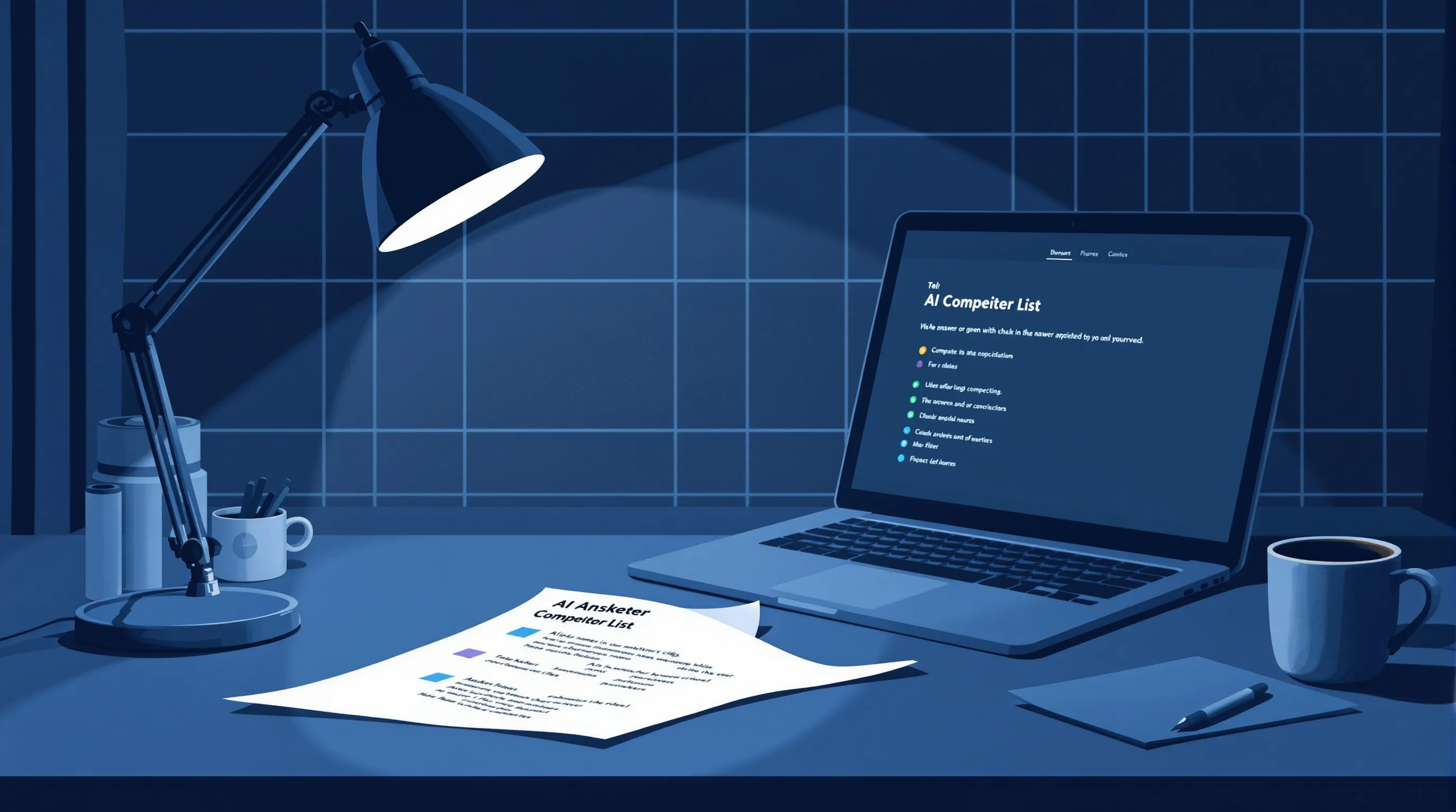Printed competitor list on a desk beside a laptop showing an AI answer that cites other sources