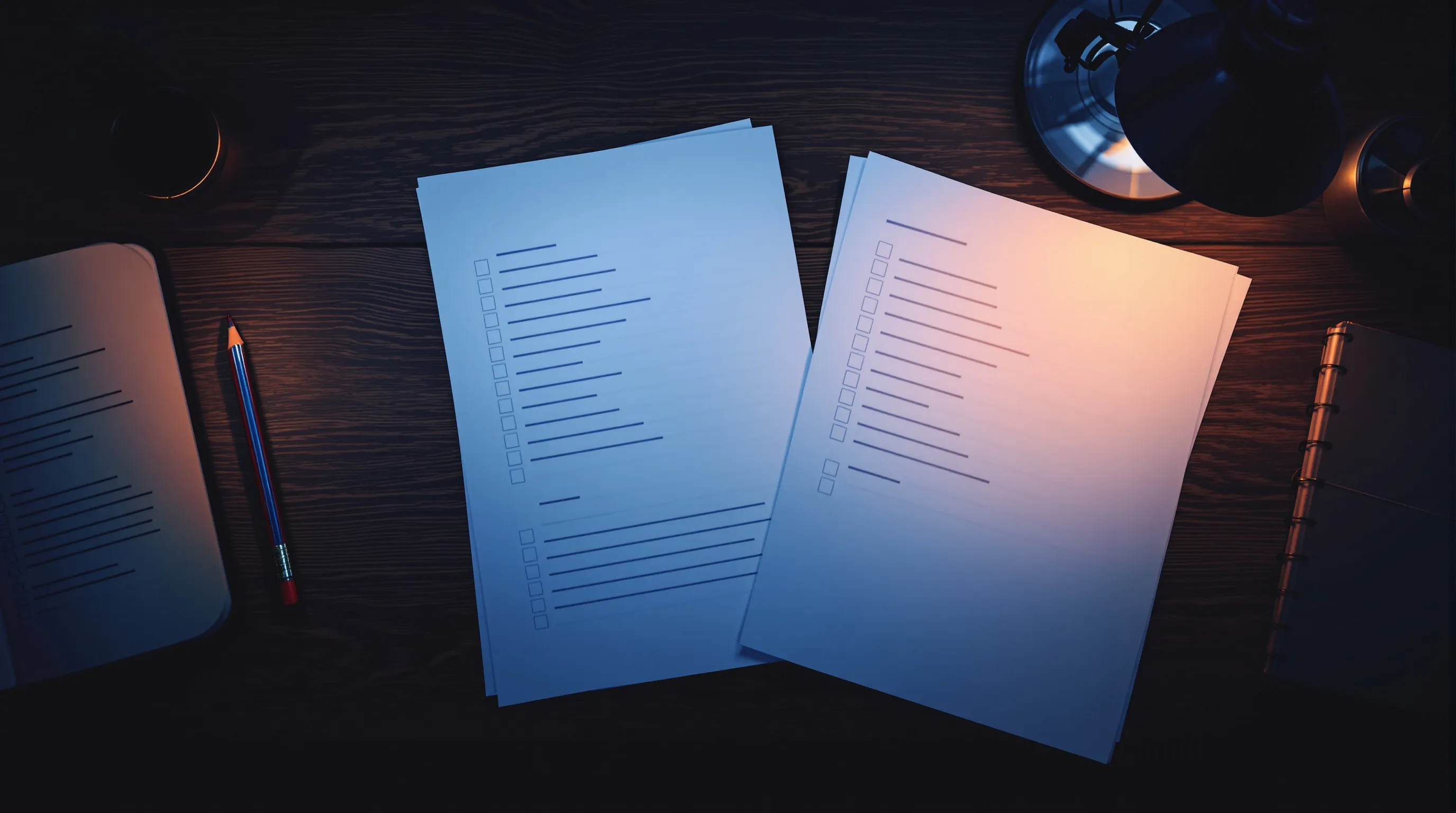 Two printed audit checklists side by side on a desk, matching upper rows linked in red pencil and the lower rows of one sheet left unmarked.
