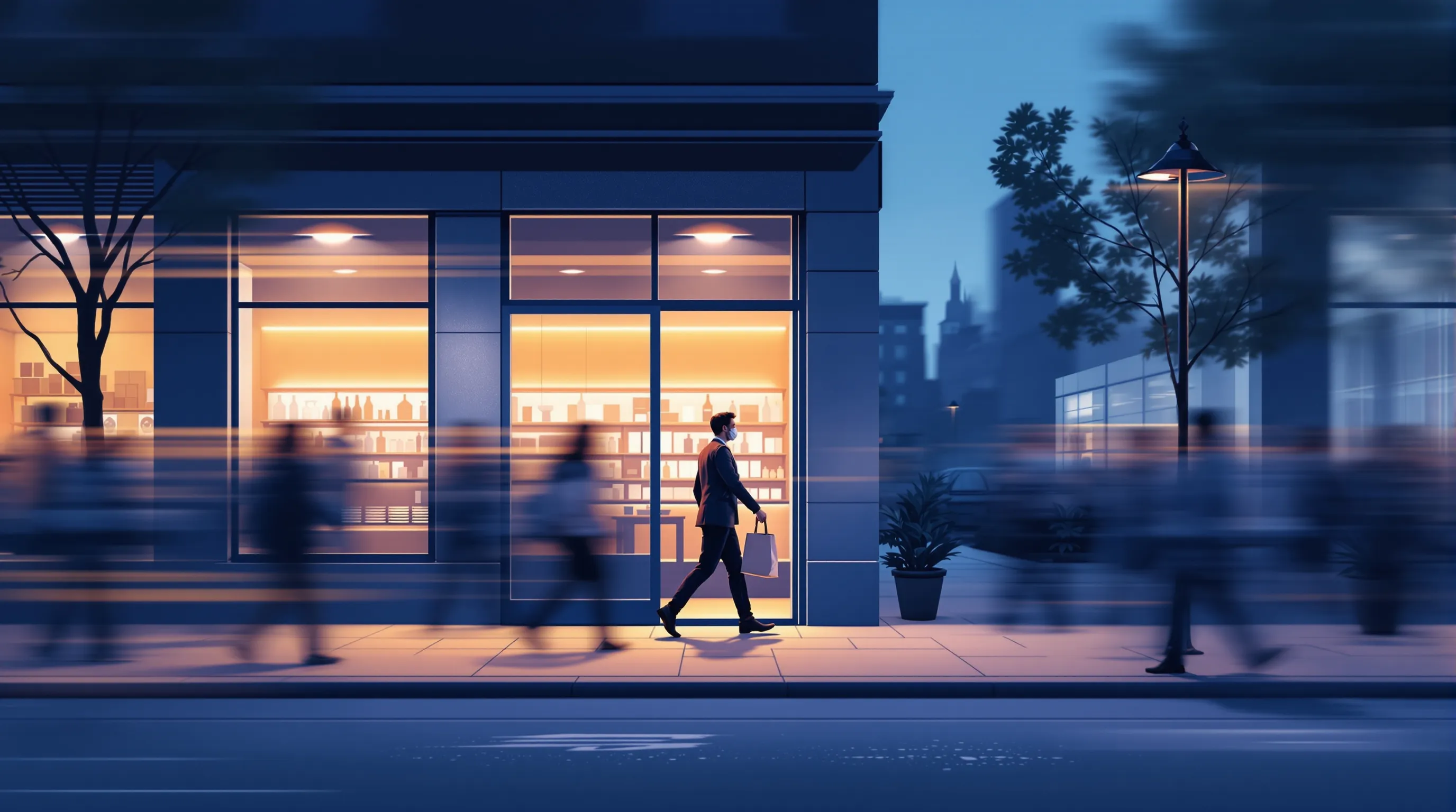 Photorealistic editorial photo of a small shop doorway at dusk: a busy crowd streams past the lit window in soft motion blur while one customer, a shopping bag in hand, steps purposefully through the open door toward