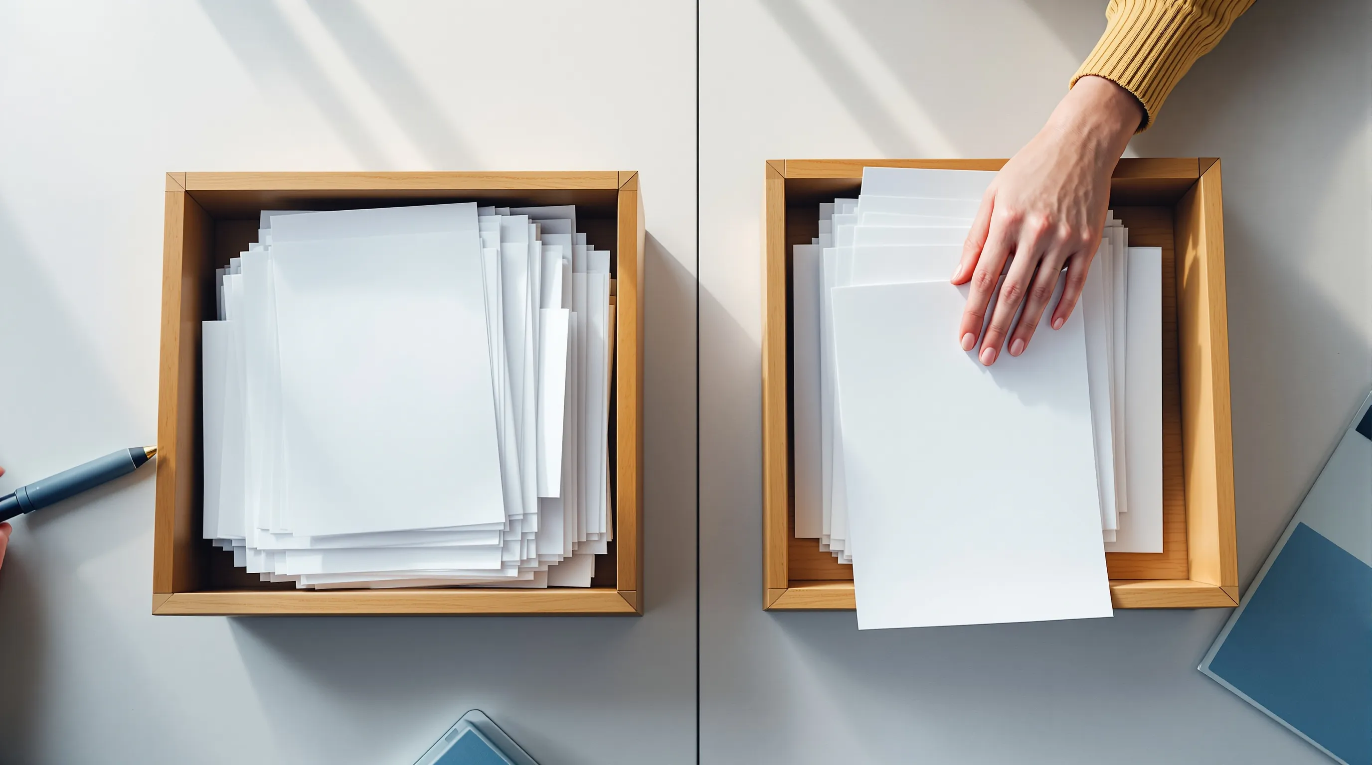 A hand sorting printed pages between an overflowing tray and a nearly empty tray on a conference table
