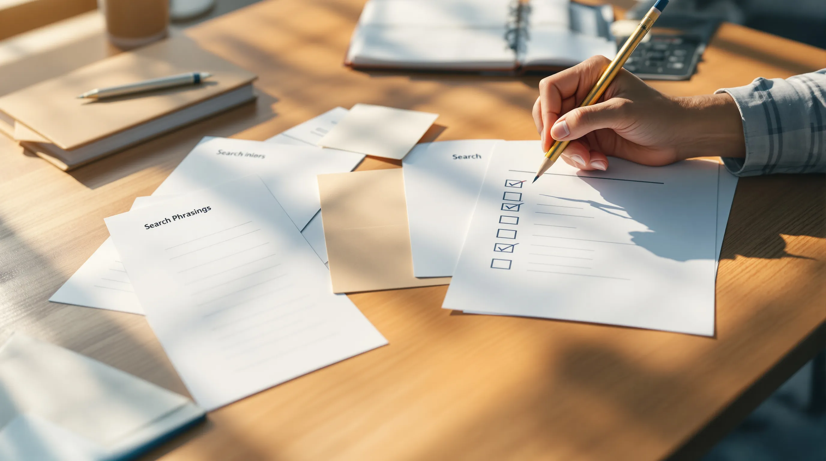 Photorealistic editorial photo of a wooden office desk in late afternoon window light, several printed sheets of search phrasings fanned out in an arc beside an open notebook and a manila folder, one hand holding a