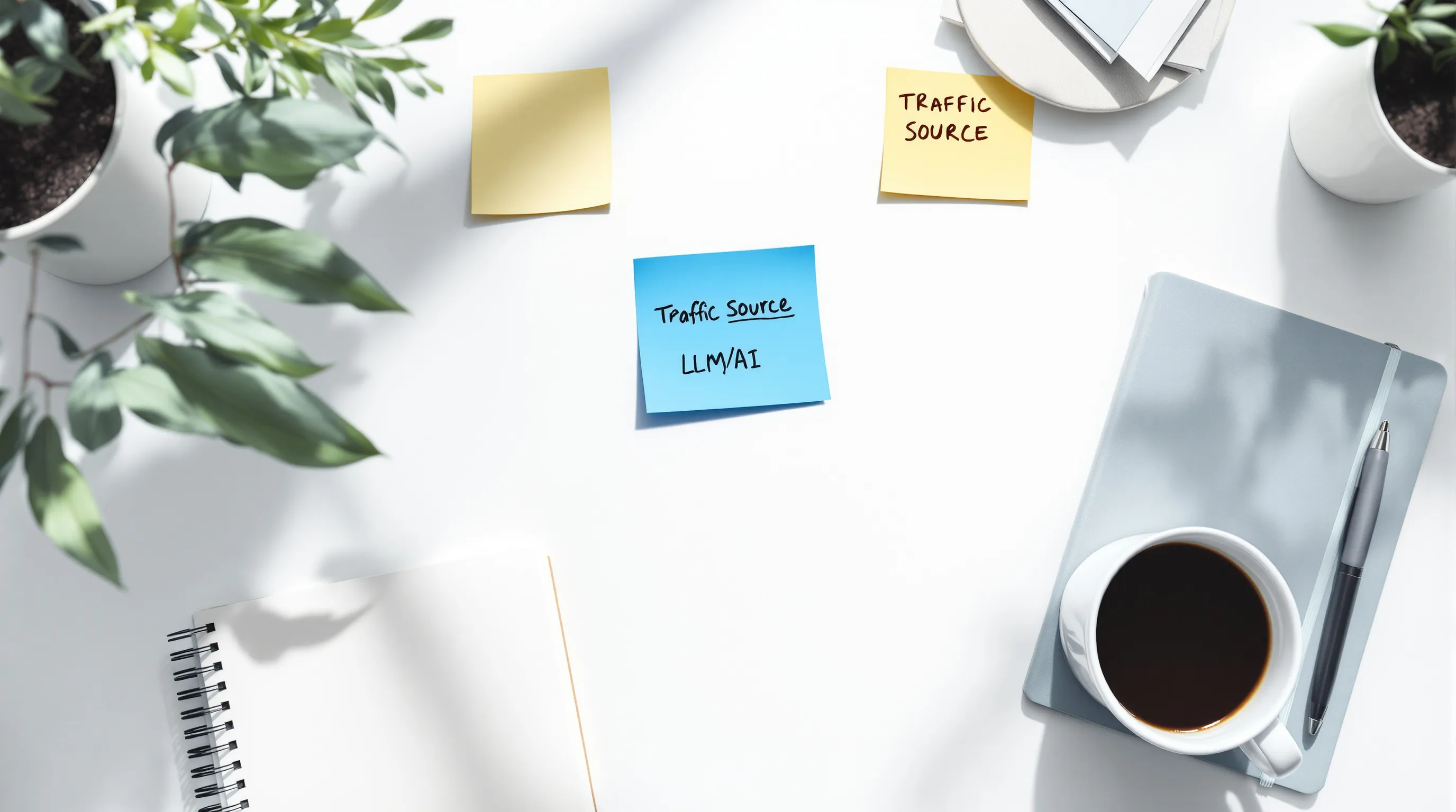 Overhead view of a marketer's desk with analytics dashboard open and sticky notes about AI referral traffic channel grouping