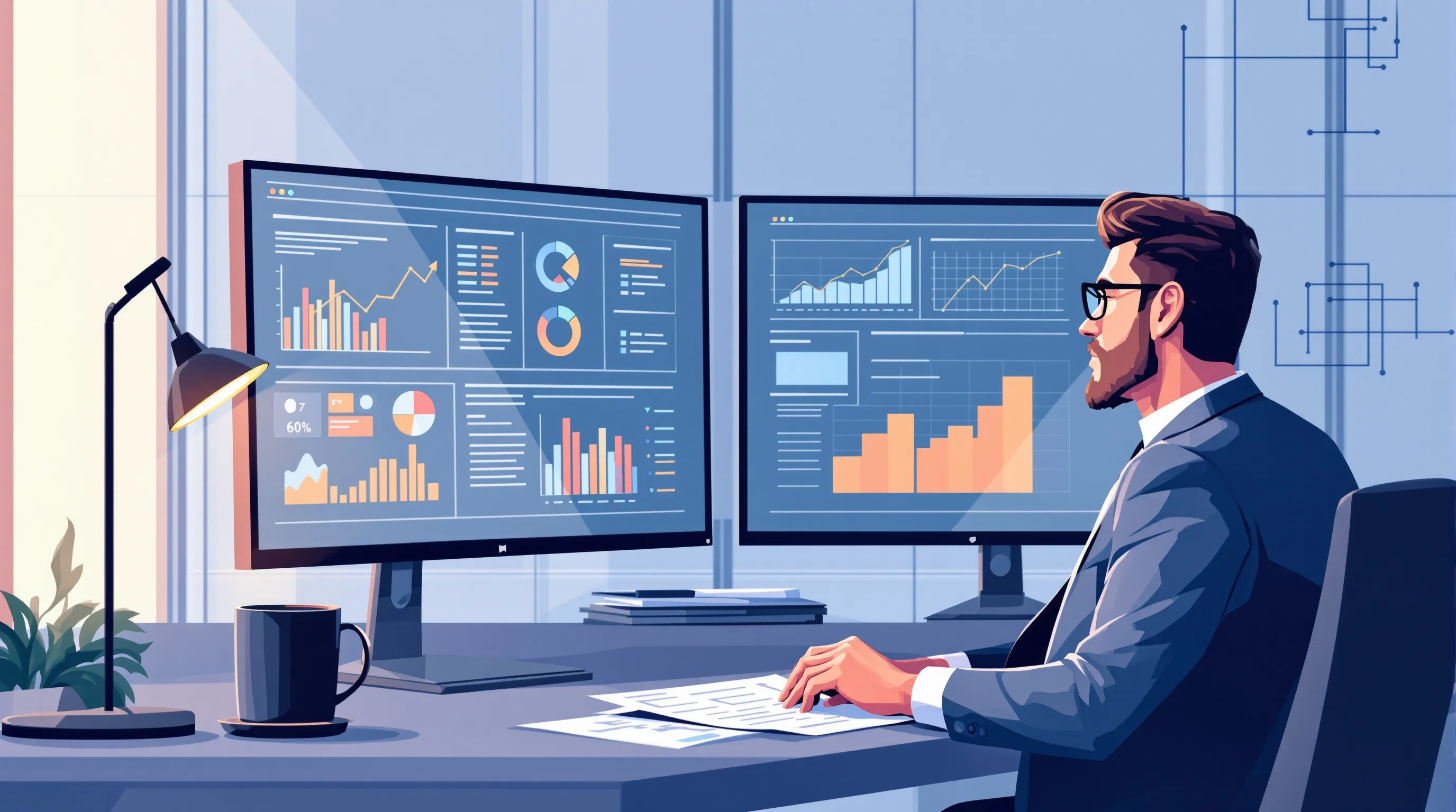 Business professional evaluating analytics dashboards on dual monitors to verify agency performance claims