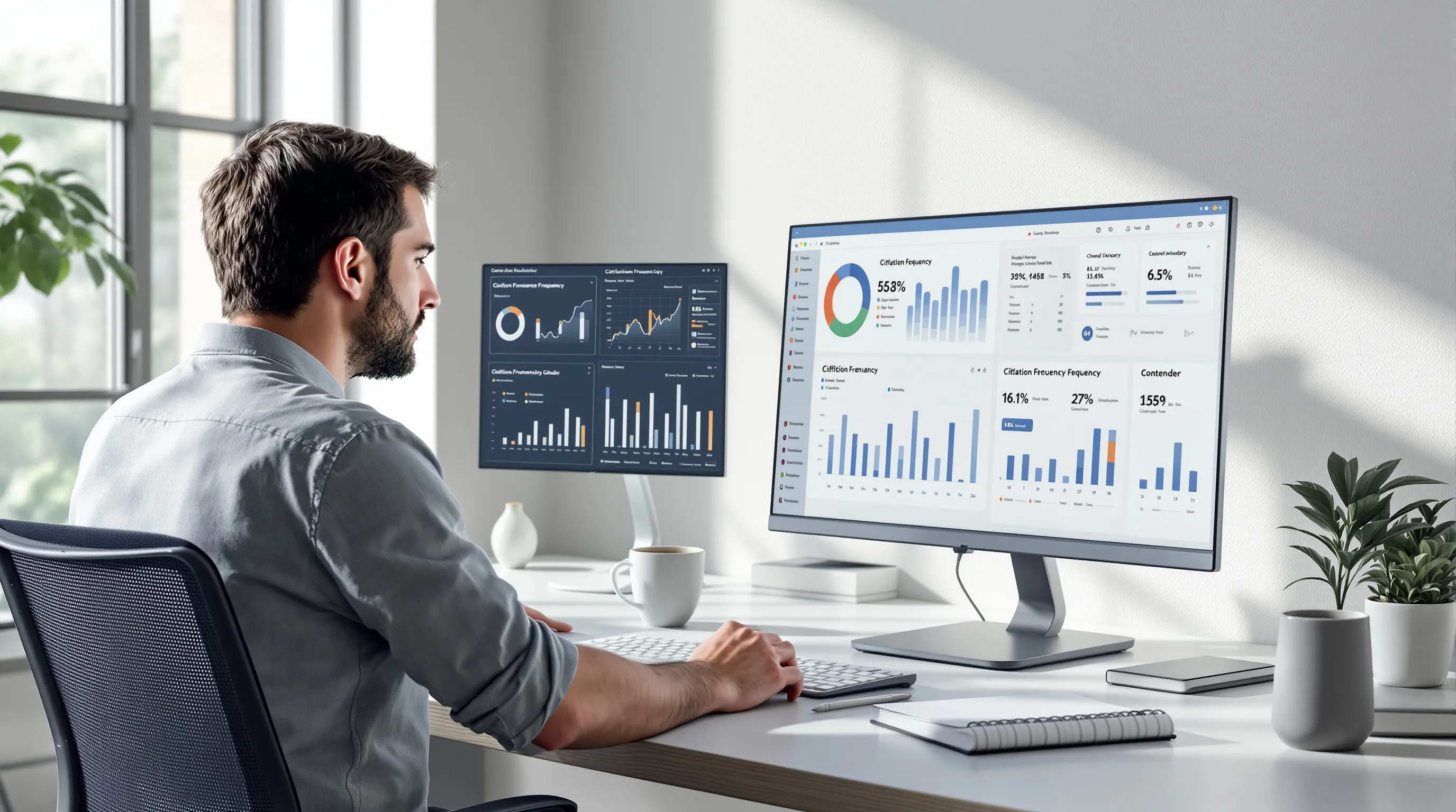 Content strategist reviewing AI citation analytics and update schedule on dual monitors