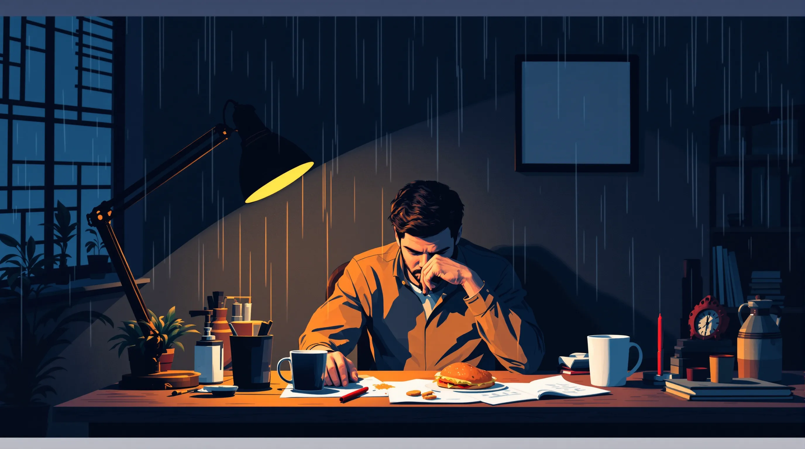 Late-night home office, a lone desk lamp casting warm amber light across a cluttered wooden desk where a tired marketer rests a chin on one hand, a red pen and a cold coffee mug beside a half-eaten sandwich