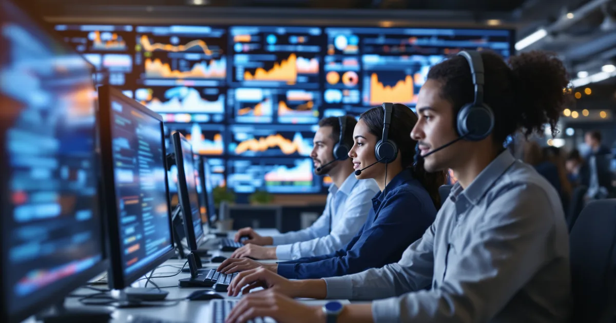 Modern customer support operations center with analytics dashboards on wall screens