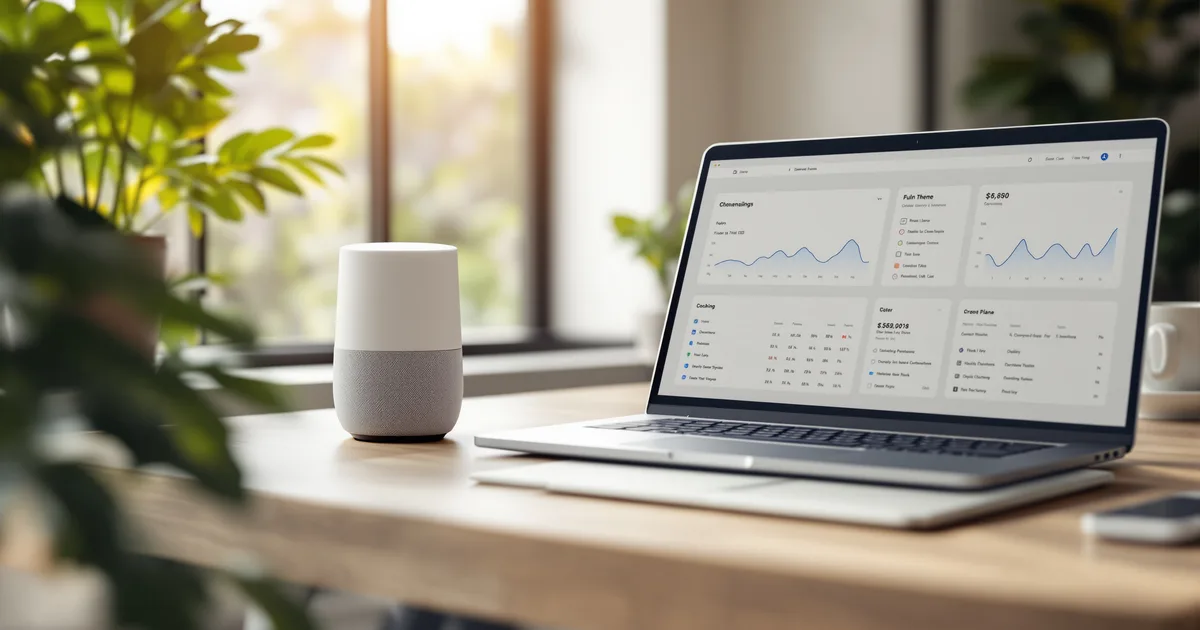 A smart speaker beside a laptop showing structured data on a minimalist desk