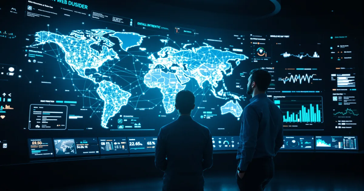 A data analyst reviewing large-scale web data visualizations in a modern control room
