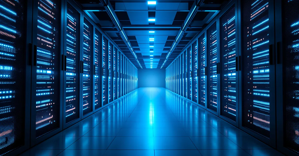 A single spotlit aisle among glowing server racks in a modern data center