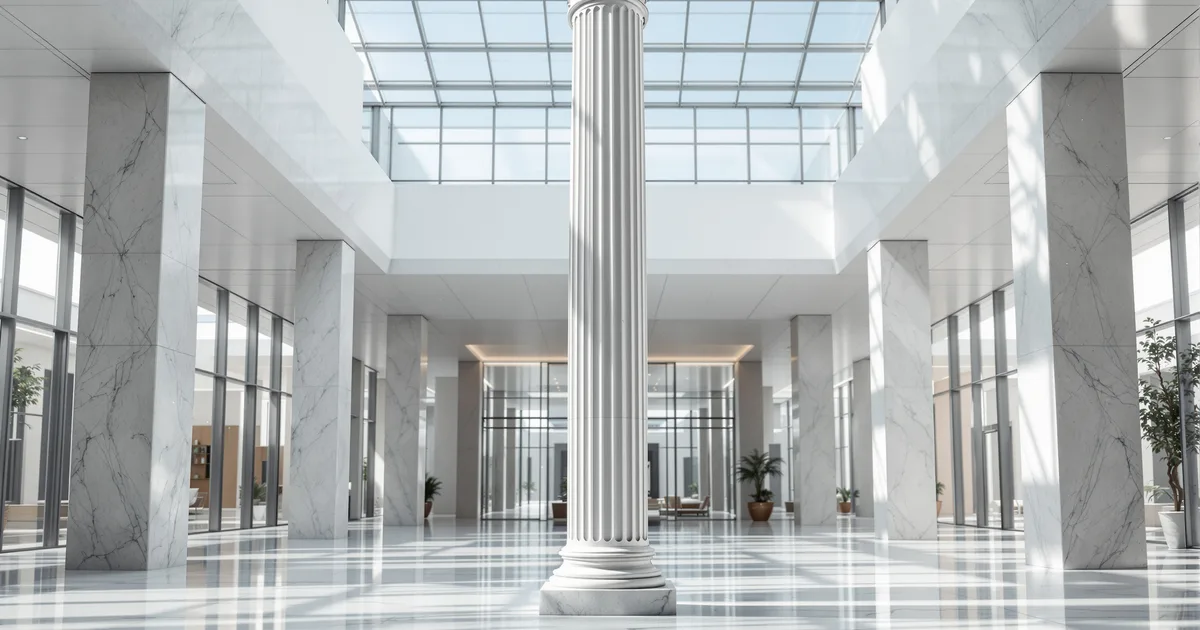 A tall classical marble column standing in a bright modern glass atrium
